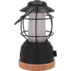 Lanterne noire avec verre et base en bois