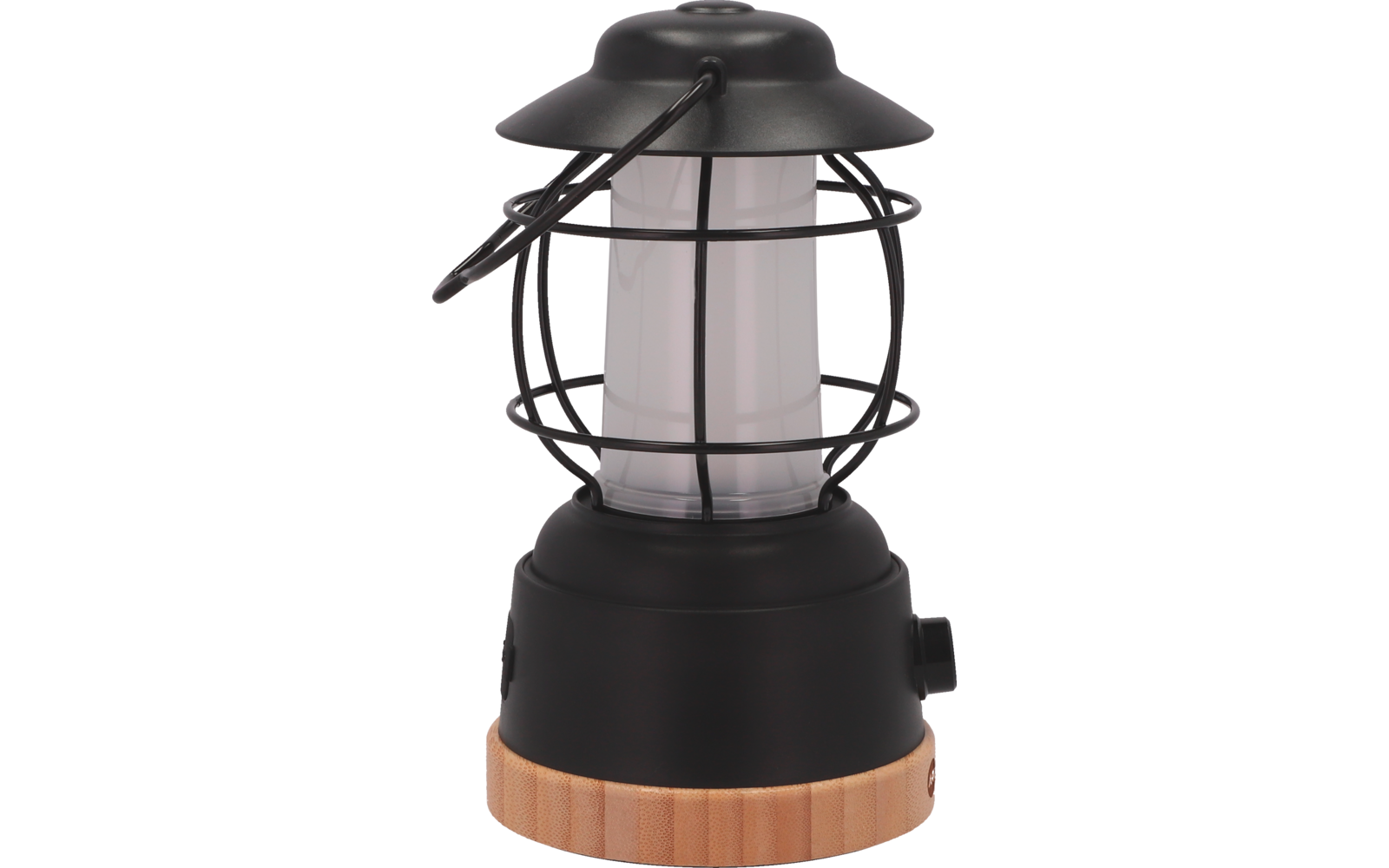 Lanterne noire avec verre et base en bois