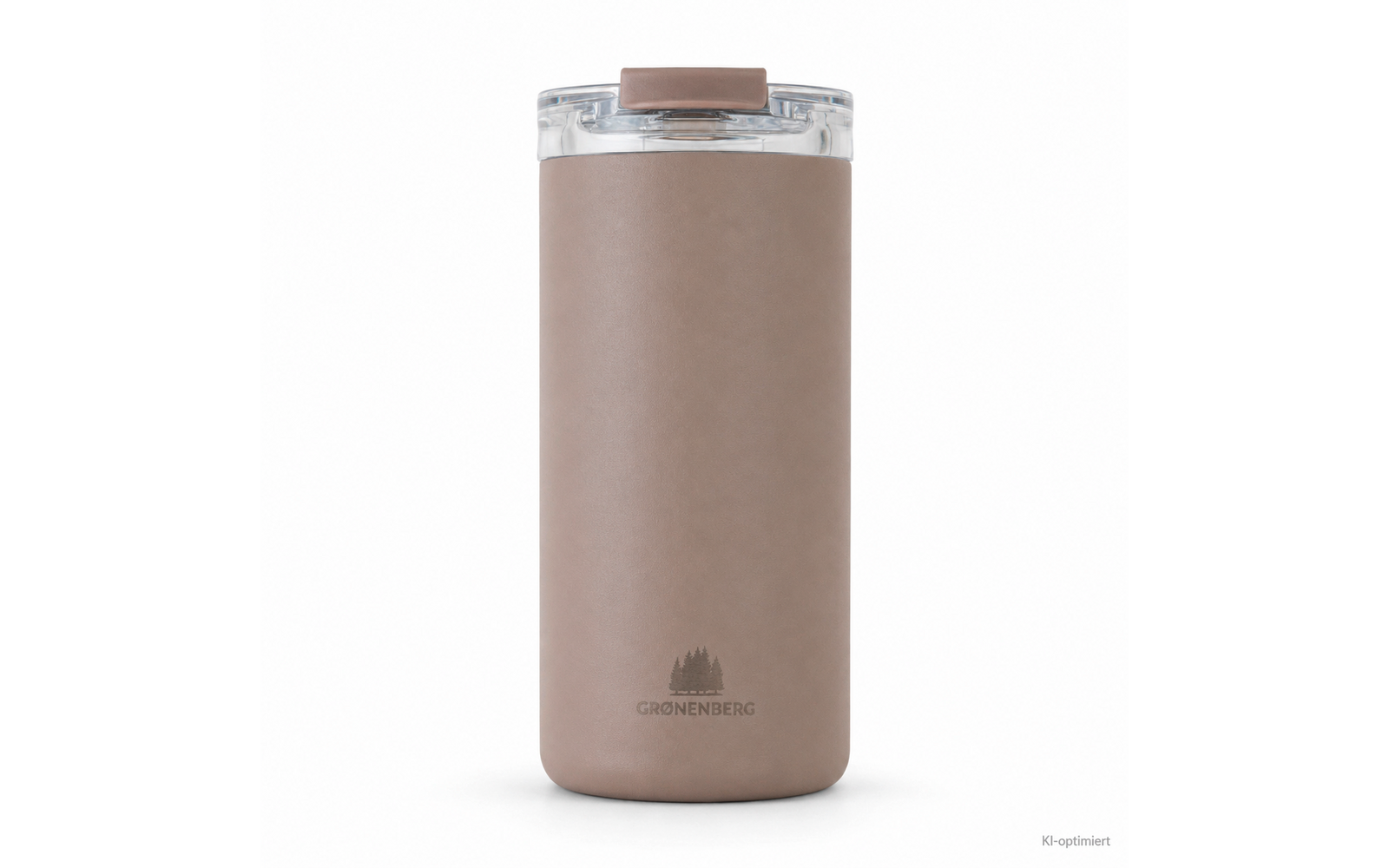 Gobelet isotherme mat beige-brun avec couvercle transparent et fermeture coulissante, logo 'GRONENBERG' avec trois arbres, sur fond blanc