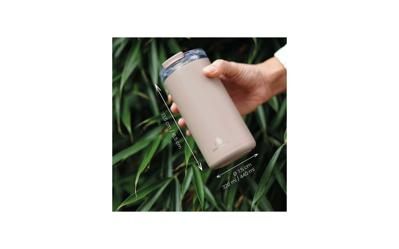 Hand hält beige Trinkbecher mit transparentem Deckel vor grünen Blättern, Messpfeile mit Angaben 13.5 cm / 16.5 cm und Ø 7.5 cm, 320 ml / 440 ml