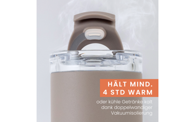 Braun-grauer Becher mit transparentem Deckel, aufsteigender Dampf, orangefarbener Schriftkasten HÄLT MIND. 4 STD WARM und kleinem weißen Text darunter