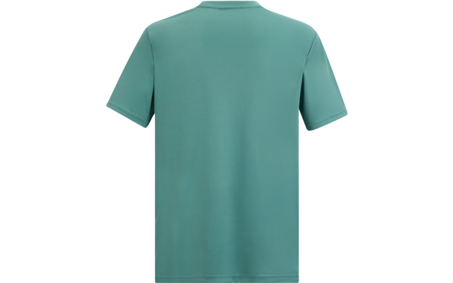 Rückenansicht eines einfarbigen, kurzärmligen, türkisgrünen T‑Shirts vor weißem Hintergrund