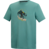 Türkisgrünes T-Shirt mit Rundhals; mittiger Aufdruck mit Berg, Bäumen, einer Person auf einem Fahrrad und Schriftzug