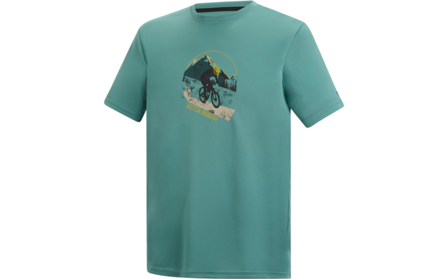 Türkisgrünes T-Shirt mit Rundhals; mittiger Aufdruck mit Berg, Bäumen, einer Person auf einem Fahrrad und Schriftzug