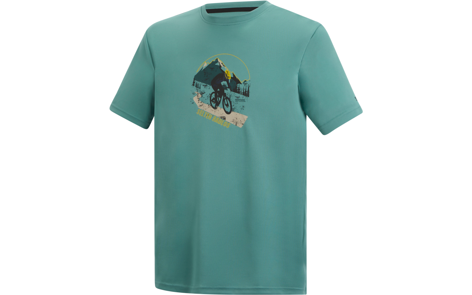 Türkisgrünes T-Shirt mit Rundhals; mittiger Aufdruck mit Berg, Bäumen, einer Person auf einem Fahrrad und Schriftzug