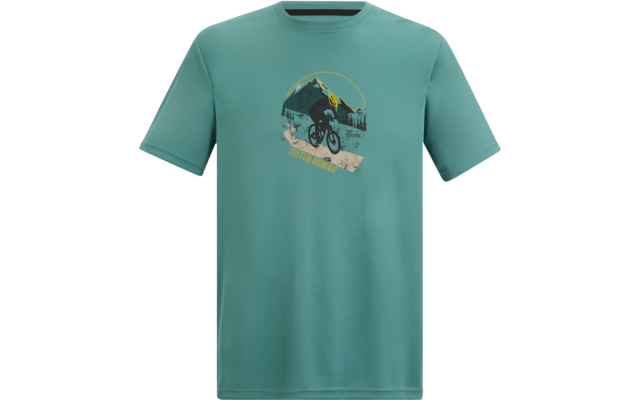 Türkisfarbenes, kurzärmeliges T‑Shirt mit Rundhals; mittig Druck: Fahrradfahrer springt vor Berg- und Waldsilhouette, darunter gelber Schriftzug