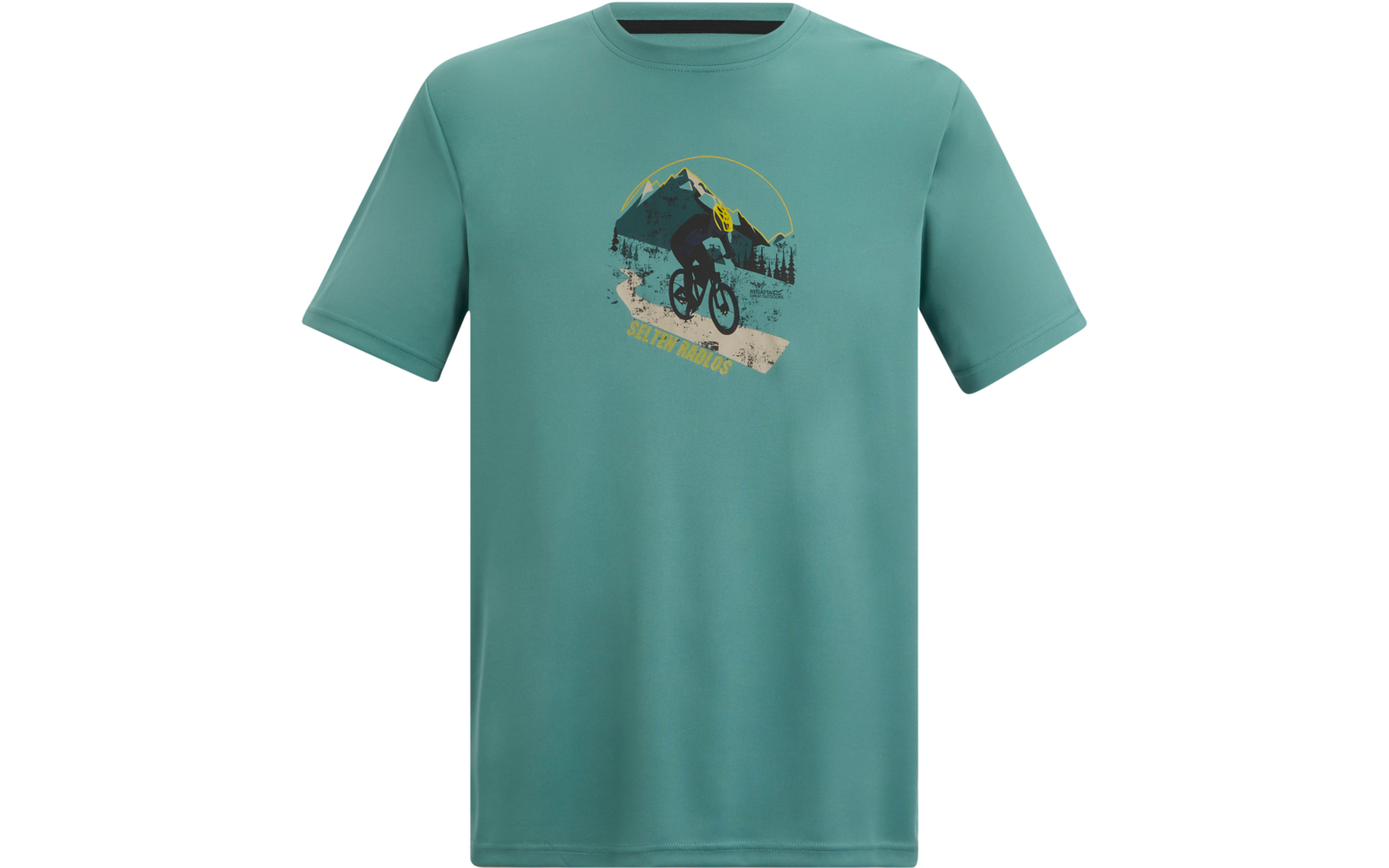 Türkisfarbenes, kurzärmeliges T‑Shirt mit Rundhals; mittig Druck: Fahrradfahrer springt vor Berg- und Waldsilhouette, darunter gelber Schriftzug