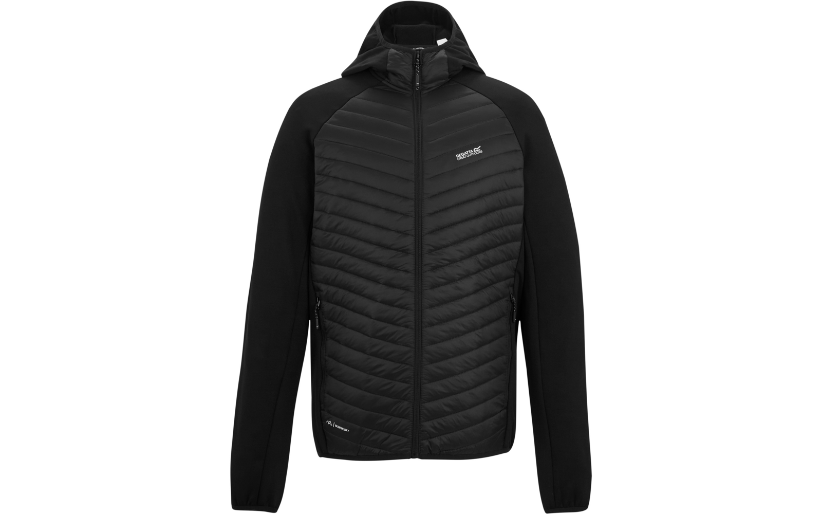 Schwarze Kapuzenjacke mit durchgehendem Reißverschluss, gesteppter Vorderseite und seitlichen Reißverschlusstaschen