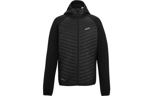 Schwarze Kapuzenjacke mit durchgehendem Reißverschluss, gesteppter Vorderseite und seitlichen Reißverschlusstaschen