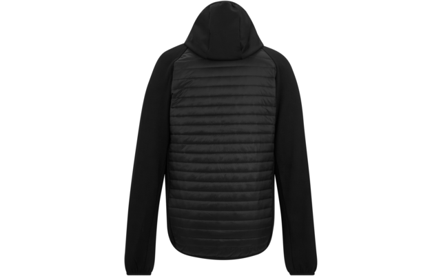 Rückenansicht einer schwarzen Kapuzenjacke mit gestepptem Rückenpanel und langen Ärmeln