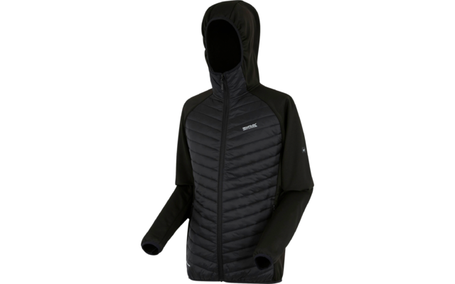 Schwarze Jacke mit Kapuze und Reißverschluss, vorne gesteppter Stoff und glatte Ärmel