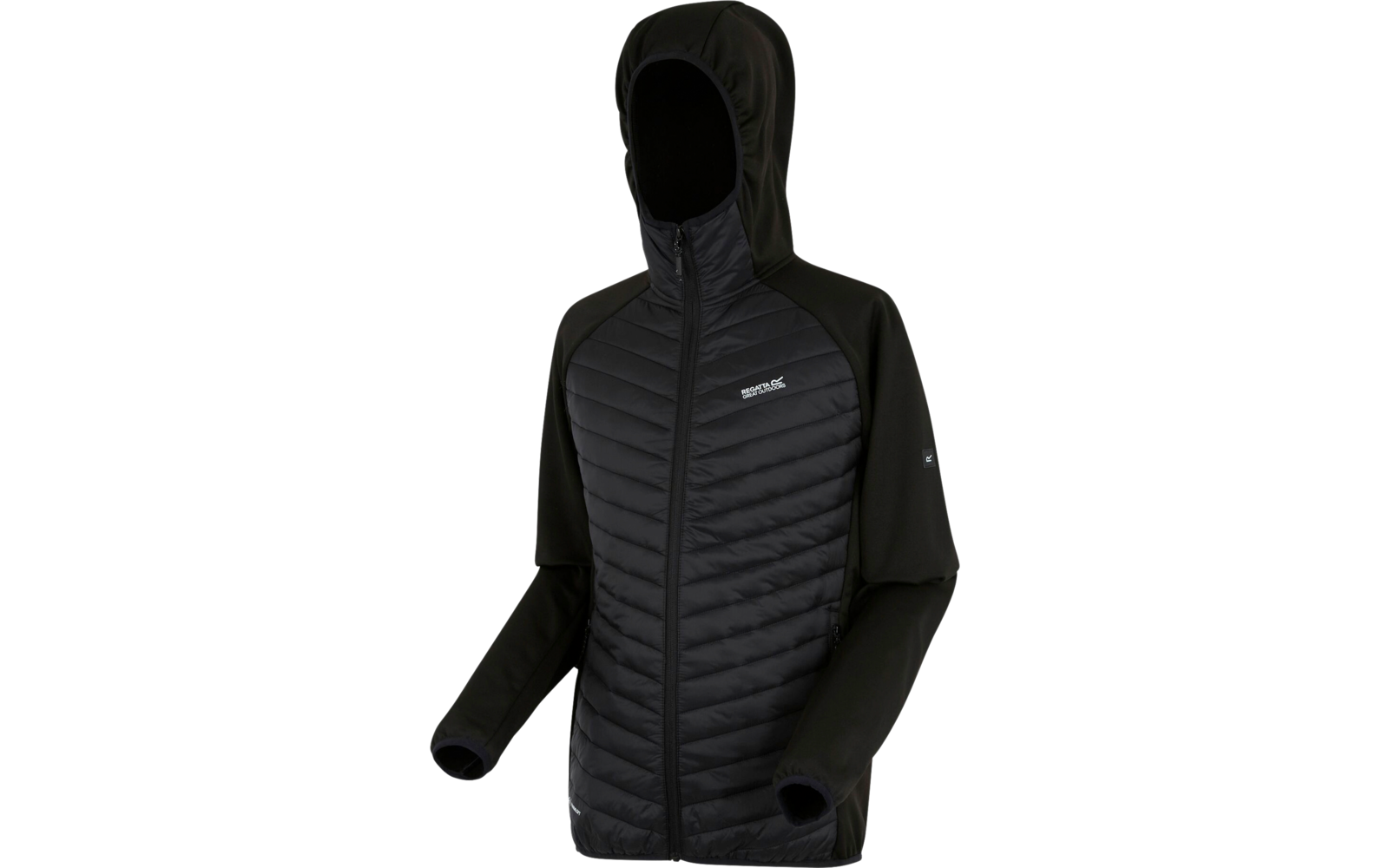 Schwarze Jacke mit Kapuze und Reißverschluss, vorne gesteppter Stoff und glatte Ärmel