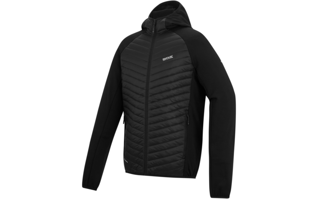 Schwarze Kapuzenjacke mit gesteppter Vorderseite, durchgehendem Reißverschluss und einer sichtbaren seitlichen Reißverschlusstasche