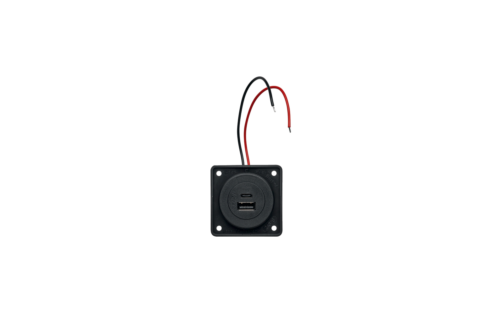 Schwarze quadratische Montageplatte mit rundem Einsatz, sichtbare USB-A- und USB-C-Buchsen und zwei abisolierte Kabel (rot, schwarz)