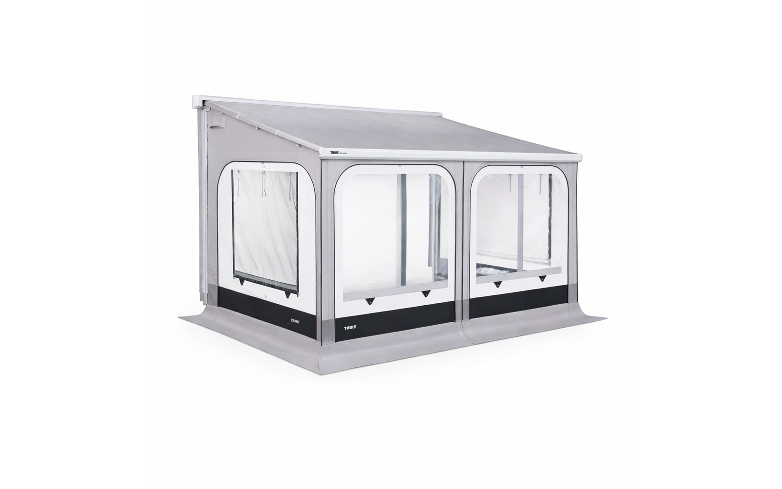 Graues Vorzelt mit zwei Front- und einem Seitenfenster aus klarem Kunststoff auf weißem Hintergrund
