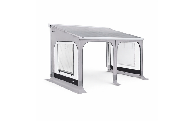 Hellgraue, rechteckige Überdachung mit schrägem Dach, zwei großen offenen Bögen vorne und seitlichen Stoffpaneelen mit rechteckigen Fenstern