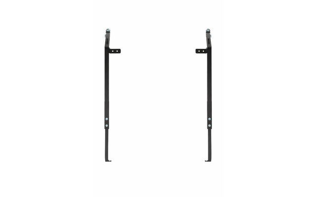 Dos soportes metálicos negros sobre fondo blanco, dispuestos verticalmente, con placas de montaje, tornillos visibles y extremos inferiores curvados