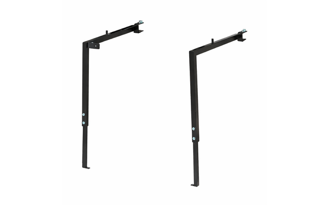 Dos escuadras metálicas negras en L con tornillos visibles y orificios de fijación sobre fondo blanco