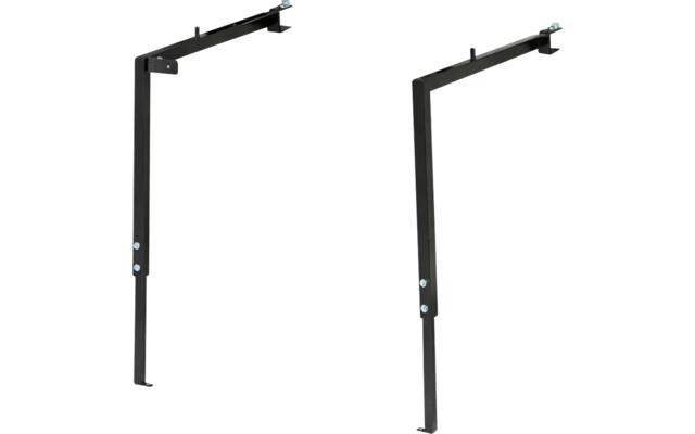 Zwei schwarze Metallwinkel in L-Form mit sichtbaren Schrauben und Befestigungsöffnungen auf weißem Hintergrund
