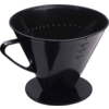 Black plastic coffee dripper with side handle, ridged interior, measurement markings on the outside, and round base