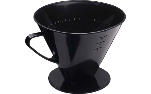 Black plastic coffee dripper with side handle, ridged interior, measurement markings on the outside, and round base