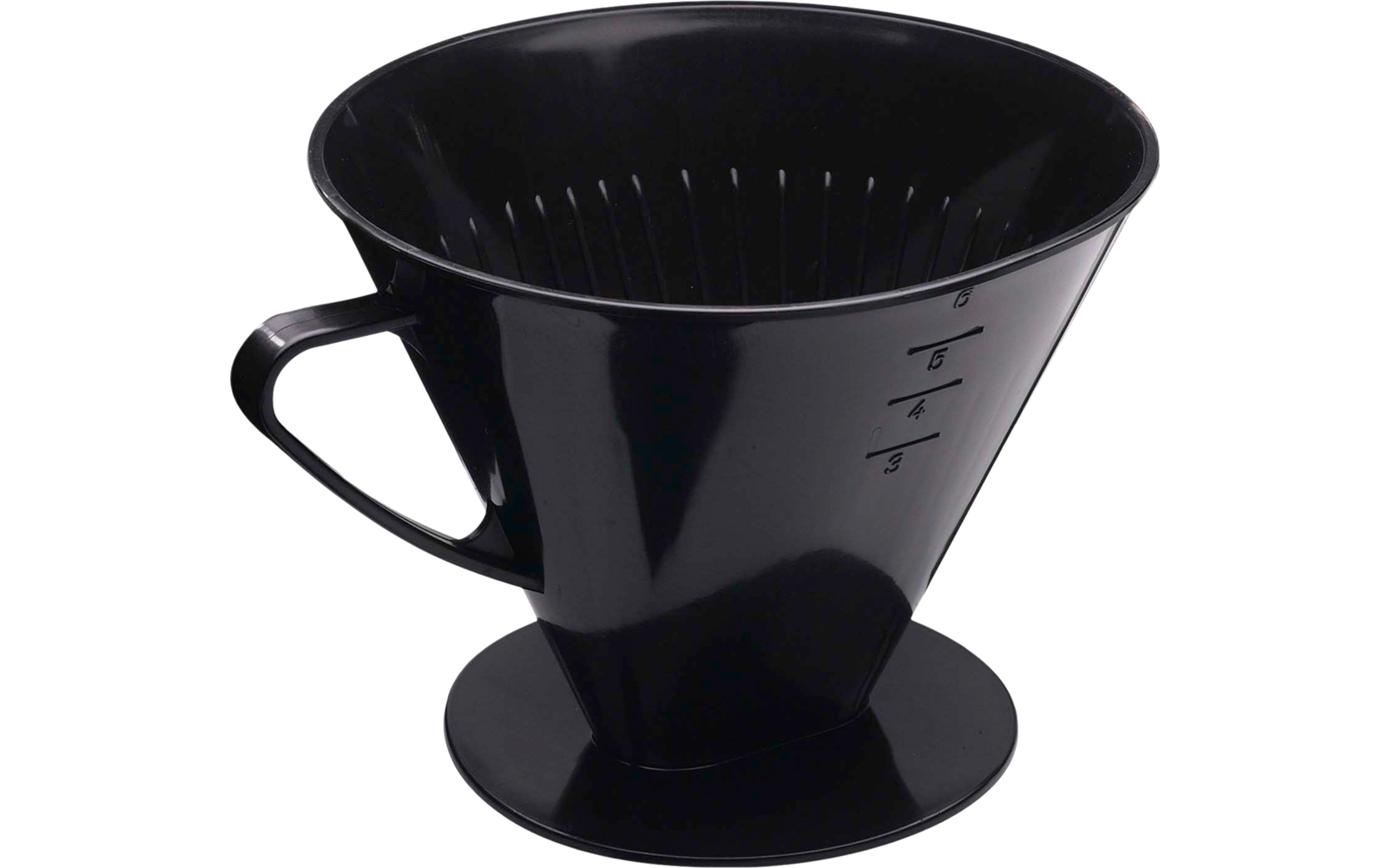 Black plastic coffee dripper with side handle, ridged interior, measurement markings on the outside, and round base