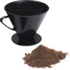 Black conical plastic container with handle and internal ribs; beside it a pile of brown ground powder on a white background