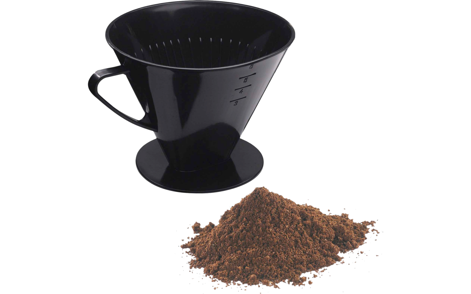 Black conical plastic container with handle and internal ribs; beside it a pile of brown ground powder on a white background