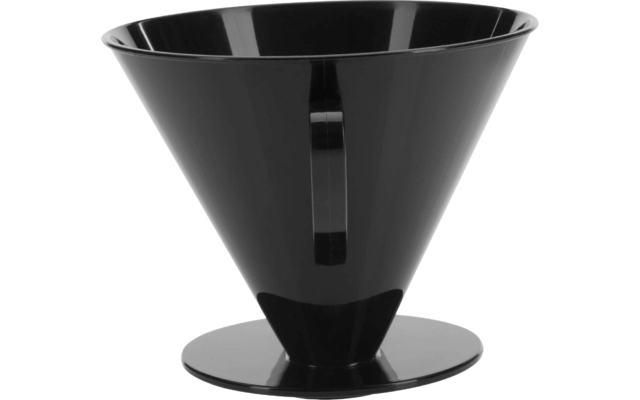 Black conical plastic container with a wide top opening, a vertical rib on the side, and a round base