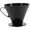 Black conical funnel with handle and round base plate, side scale marked 3-6