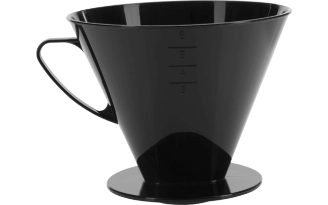 Black conical funnel with handle and round base plate, side scale marked 3-6