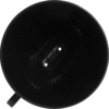 Top view of a black round cup with a handle at lower left; glossy interior with two small bright reflections in the center