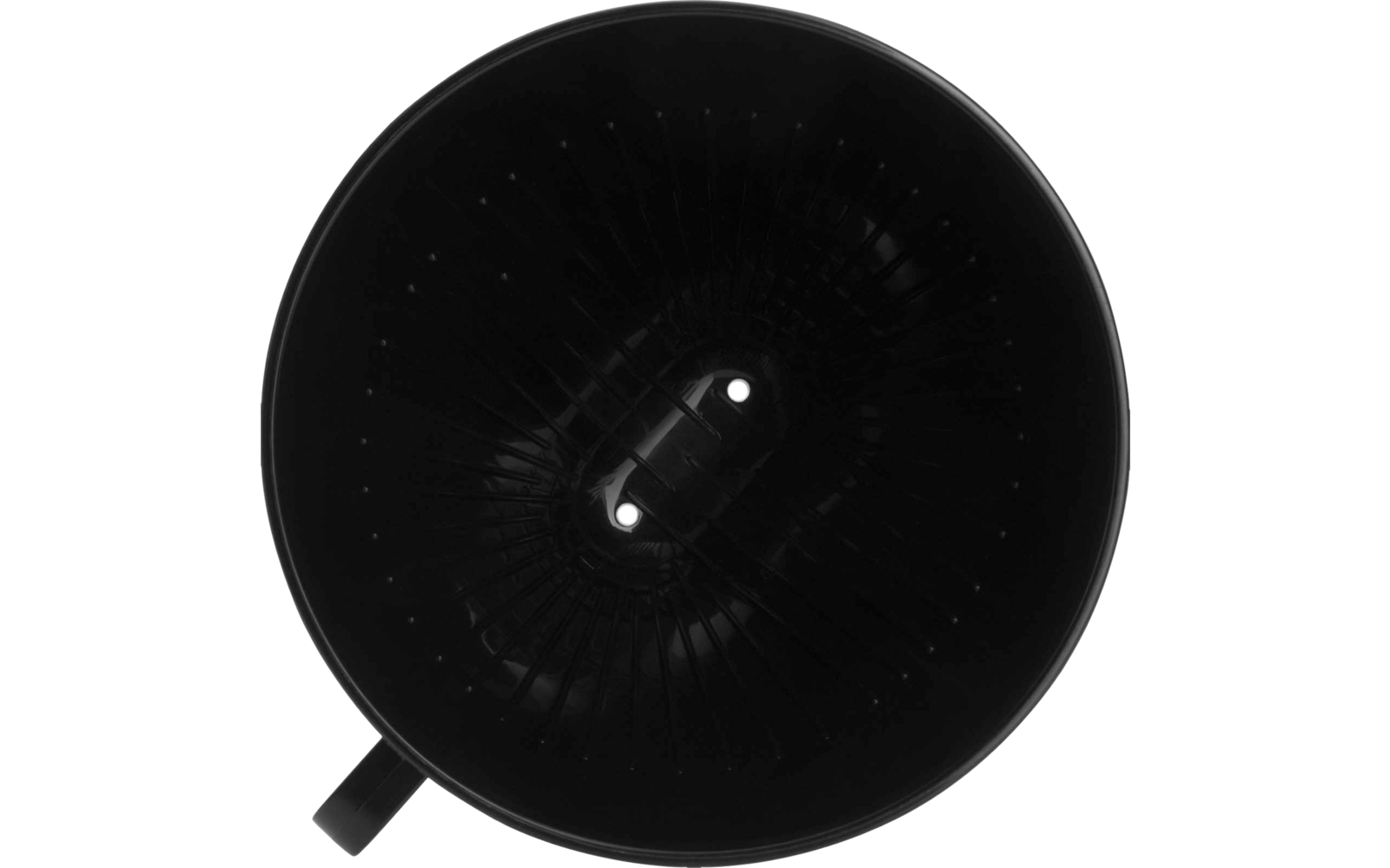 Top view of a black round cup with a handle at lower left; glossy interior with two small bright reflections in the center