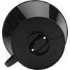 Black, round underside of an object with a glossy surface, two metal contacts visible in the center and a handle at the side