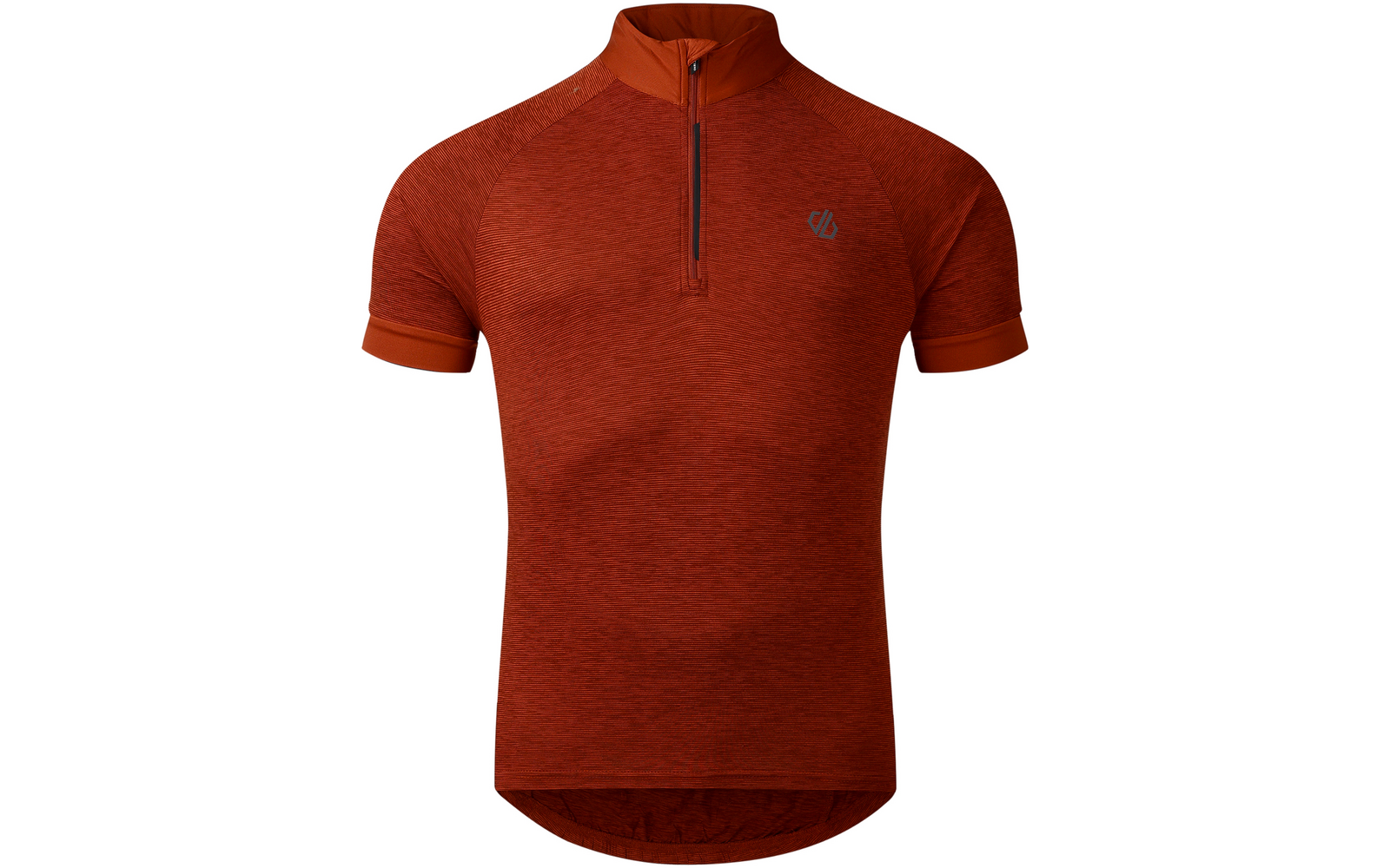 kurzärmeliges rostrot meliertes Oberteil mit kurzem Reißverschluss, Stehkragen, elastischen Ärmelabschlüssen, längerem Rückensaum und kleinem Logo auf der Brust