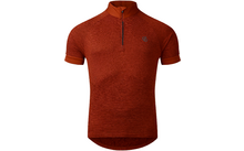 kurzärmeliges rostrot meliertes Oberteil mit kurzem Reißverschluss, Stehkragen, elastischen Ärmelabschlüssen, längerem Rückensaum und kleinem Logo auf der Brust