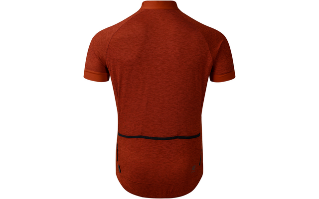 Rotes kurzärmeliges Oberteil von hinten, mit Stehkragen, drei Taschen im unteren Rückenbereich und schwarzer horizontaler Paspel