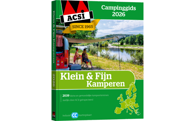 Buchcover der Campinggids 2026 mit einem roten Van neben einem See und Bäumen im Hintergrund