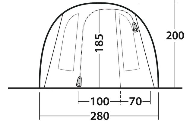 Vorderansicht eines kuppelförmigen Zeltes mit zwei vertikalen Reißverschlüssen und zwei Stoffklappen; Bemaßungen angegeben: Höhe 200 cm, mittlere Innenhöhe 185 cm, Gesamtbreite 280 cm, markierte Abschnitte 100 cm und 70 cm