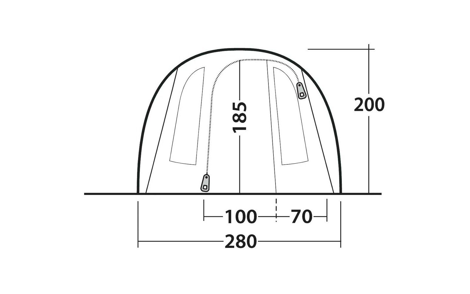 Vorderansicht eines kuppelförmigen Zeltes mit zwei vertikalen Reißverschlüssen und zwei Stoffklappen; Bemaßungen angegeben: Höhe 200 cm, mittlere Innenhöhe 185 cm, Gesamtbreite 280 cm, markierte Abschnitte 100 cm und 70 cm