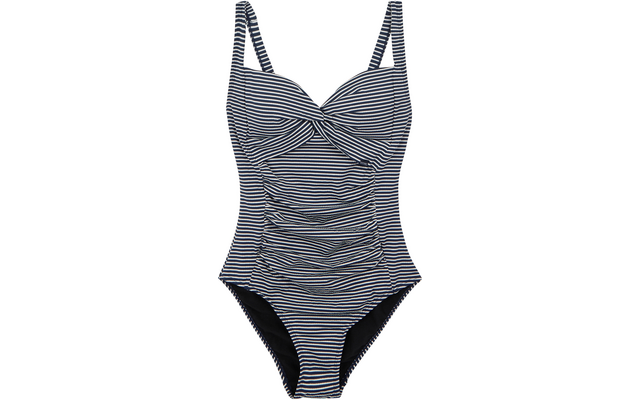 Maillot une-pièce à rayures horizontales bleu marine et blanches, torsade à la poitrine, fronces sur le devant et bretelles fines