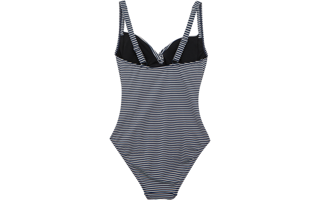 Maillot de bain une-pièce à rayures horizontales bleu marine et blanches, bonnets foncés moulés et fines bretelles rayées