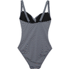 Maillot de bain une-pièce à rayures horizontales bleu marine et blanches, bonnets foncés moulés et fines bretelles rayées