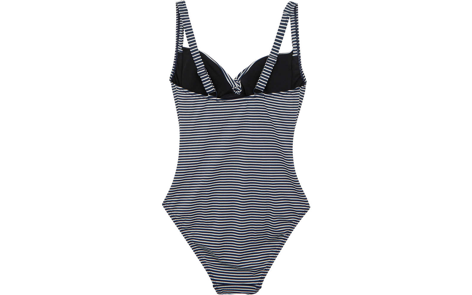 Maillot de bain une-pièce à rayures horizontales bleu marine et blanches, bonnets foncés moulés et fines bretelles rayées