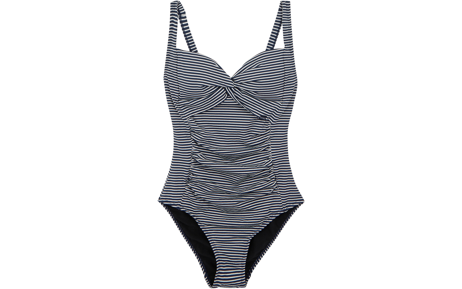 Maillot une-pièce à rayures horizontales bleu marine et blanches, torsade à la poitrine, fronces sur le devant et bretelles fines