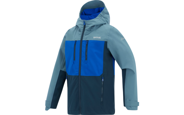 Dreifarbige Jacke in Hellblau, Royalblau und Dunkelblau mit Kapuze, durchgehendem Reißverschluss, zwei senkrechten Brusttaschen mit Reißverschlüssen und einer seitlichen Reißverschlusstasche