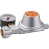Silver metal device with a round gauge showing a scale and red needle, black housing, orange label and two threaded connectors