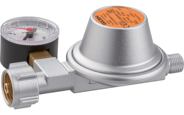 Silver metal device with a round gauge showing a scale and red needle, black housing, orange label and two threaded connectors