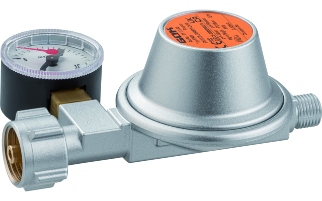 Silbernes Metallgerät mit rundem Messgerät mit Skala und rotem Zeiger, schwarzem Gehäuse, orangefarbener Aufkleber und zwei Anschlussgewinden