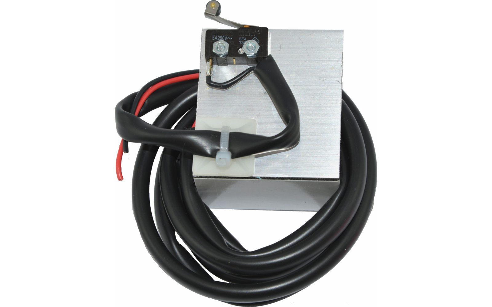 Electronic component with black cable and connector on white background